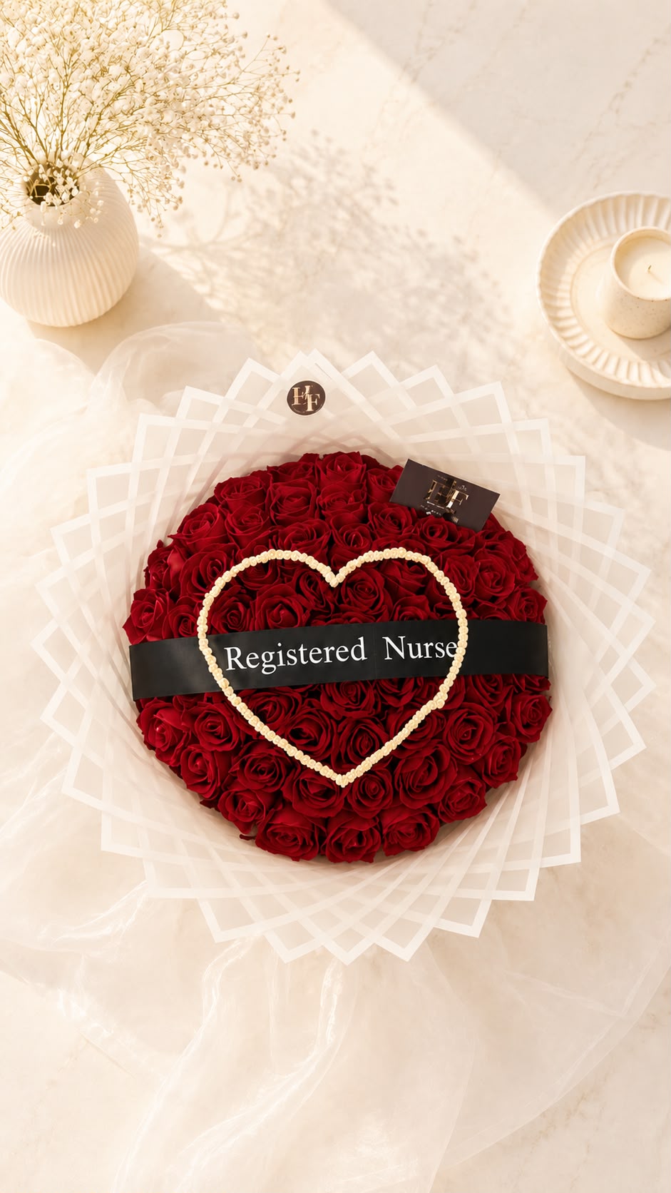 Registered Nurse custom red rose bouquet with pearl heart accent