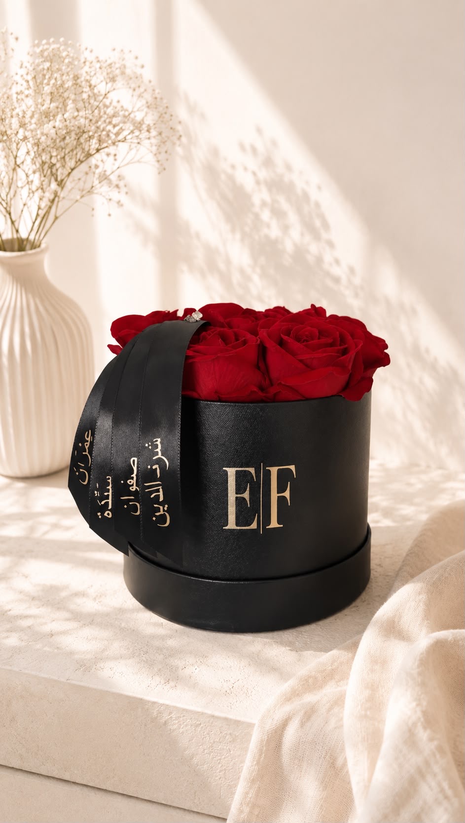 Luxury black EF monogrammed hat box of preserved red roses with personalised Arabic gold script ribbon