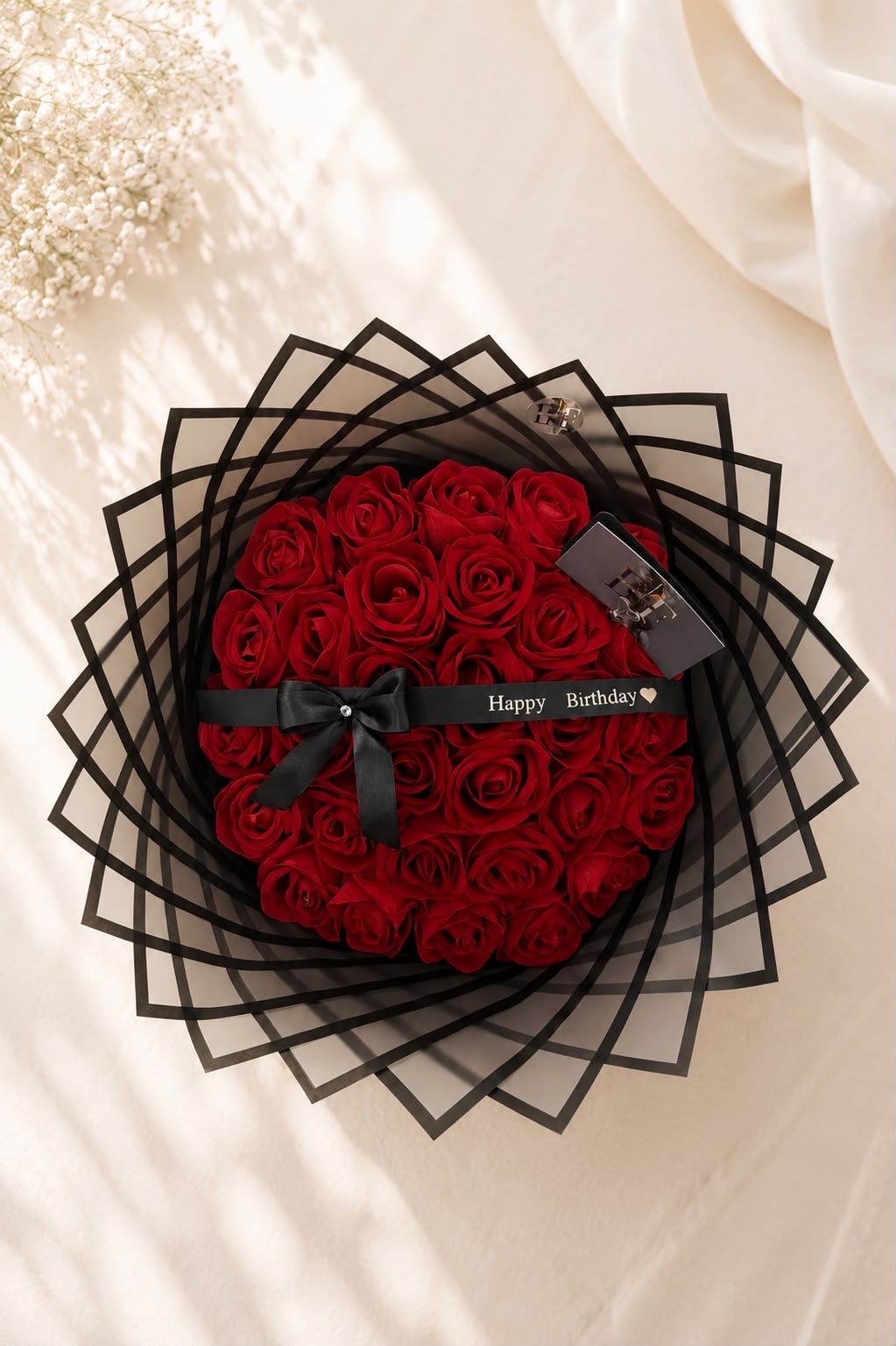 Red birthday rose bouquet with personalised 'Happy Birthday' ribbon and black bow