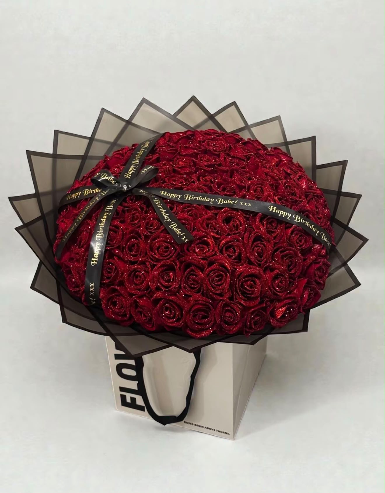 Grand red glitter rose bouquet with 'Happy Birthday Babe' ribbon