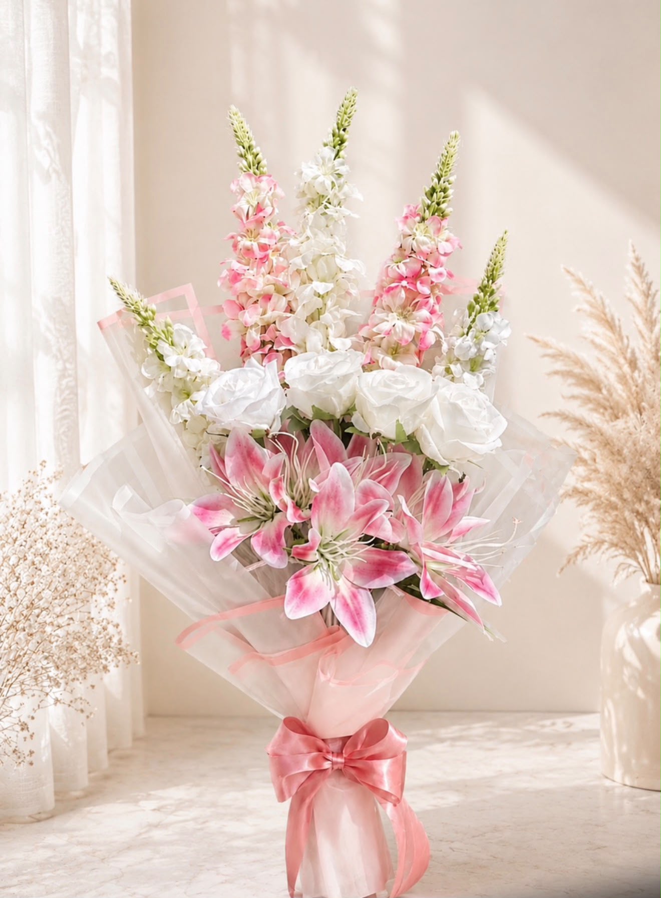 Fresh pink lily hand-tied bouquet with white roses and pink ribbon