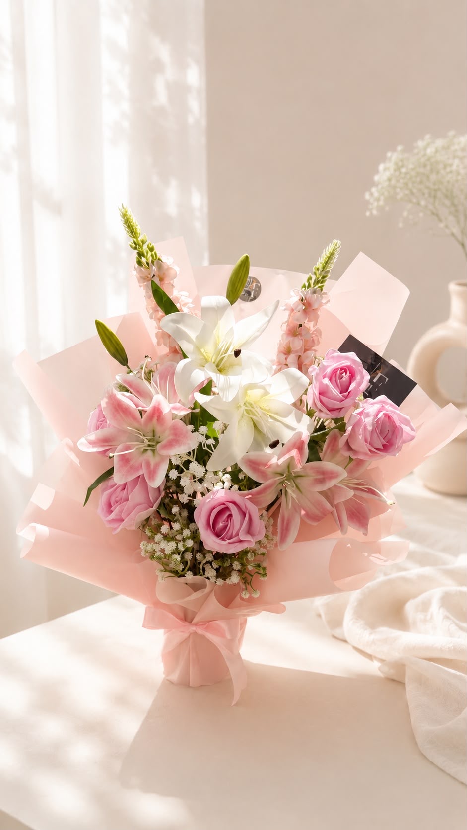 Pink and white mixed lily bouquet with pink roses and baby's breath in blush wrap