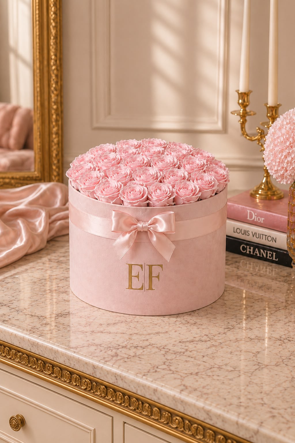 Luxury blush pink EF monogrammed hat box filled with preserved pink roses