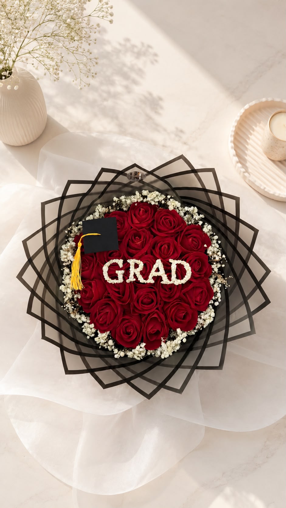 Graduation red rose bouquet with pearl 'GRAD' lettering and cap accent