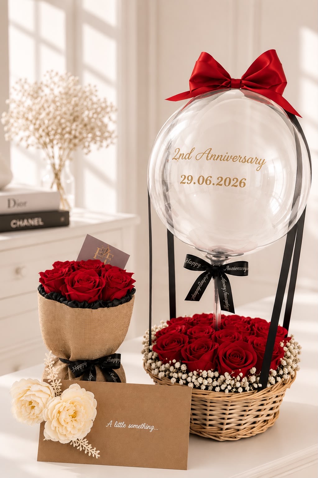Luxury anniversary arrangement with personalised balloon, wicker basket of red roses and burlap rose bouquet