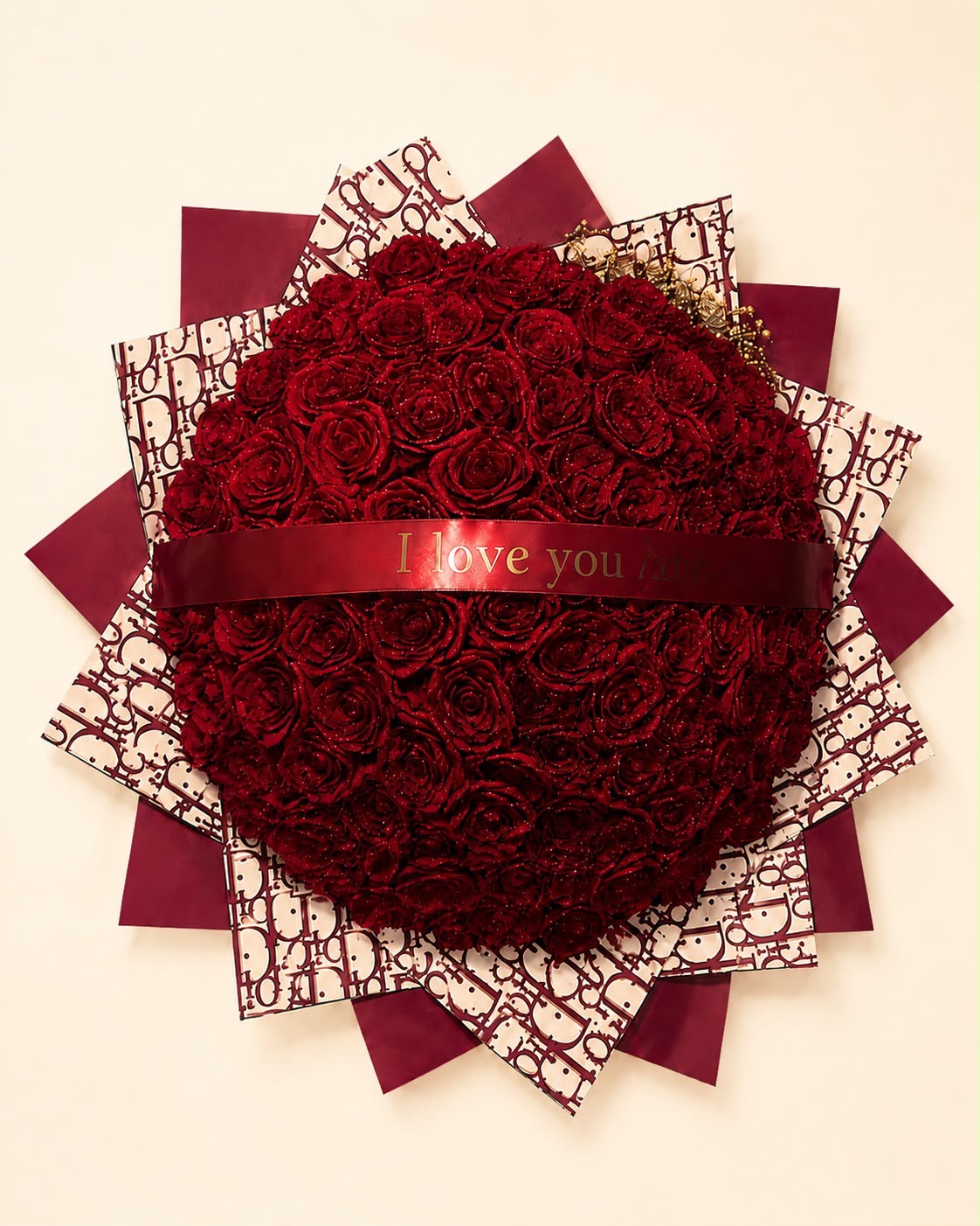 Red rose bouquet wrapped in Dior inspired paper with 'I love you' ribbon