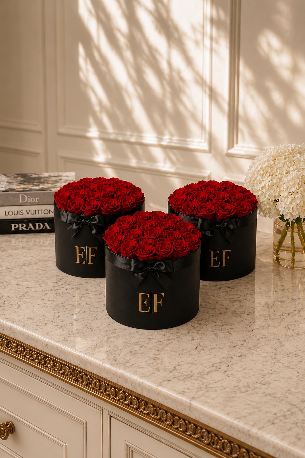 Trio of luxury black EF monogrammed hat boxes filled with preserved red roses