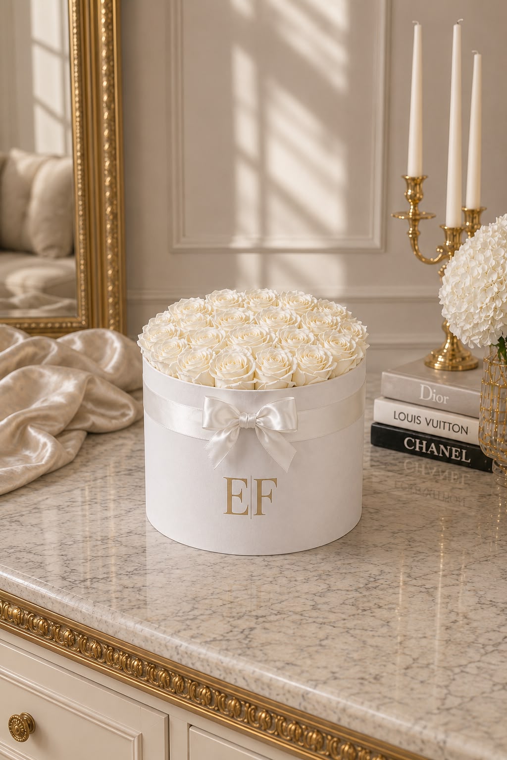 Luxury white EF monogrammed hat box filled with preserved ivory roses on marble