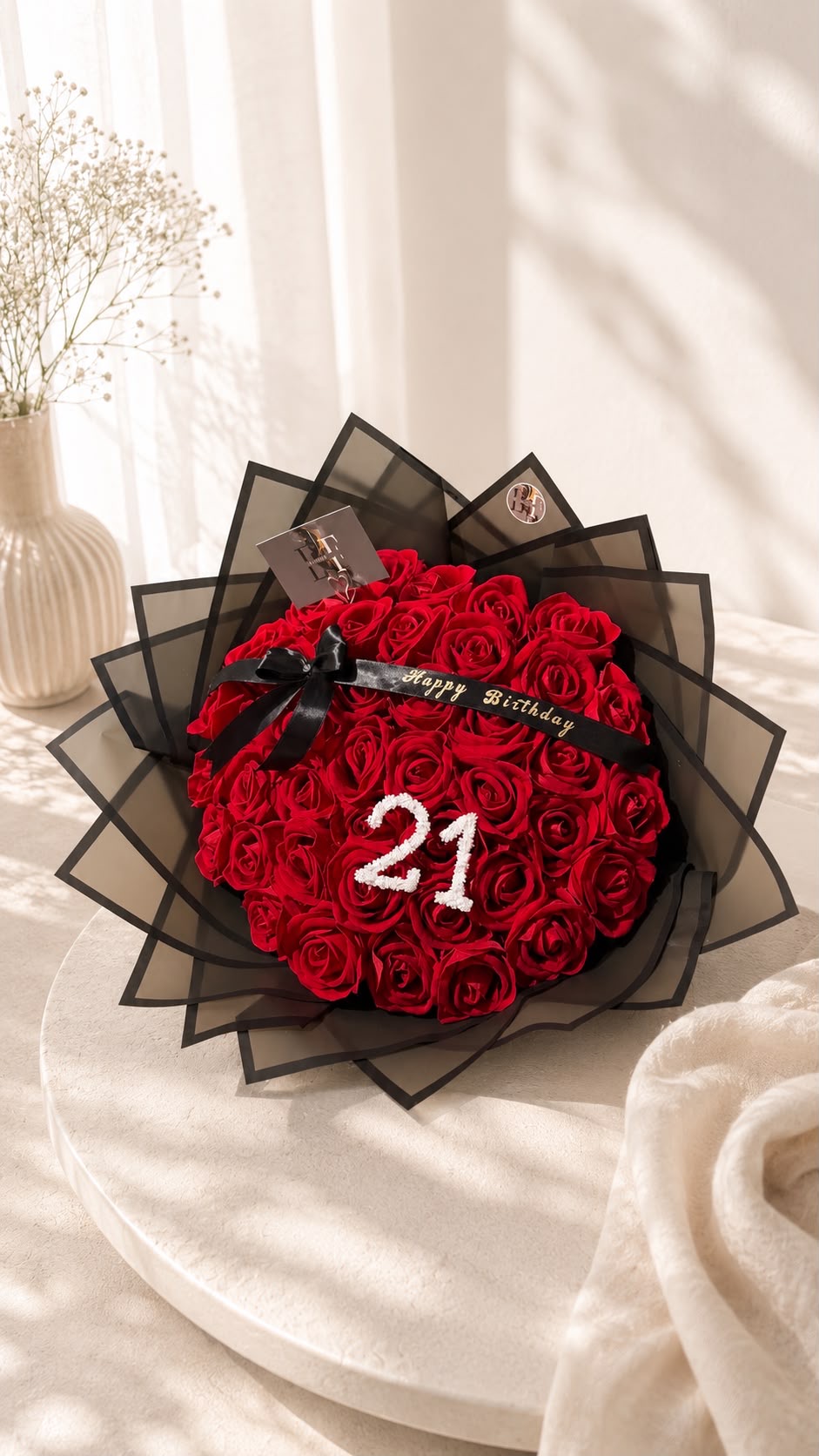 21st birthday red rose bouquet with pearl '21' lettering and personalised black ribbon