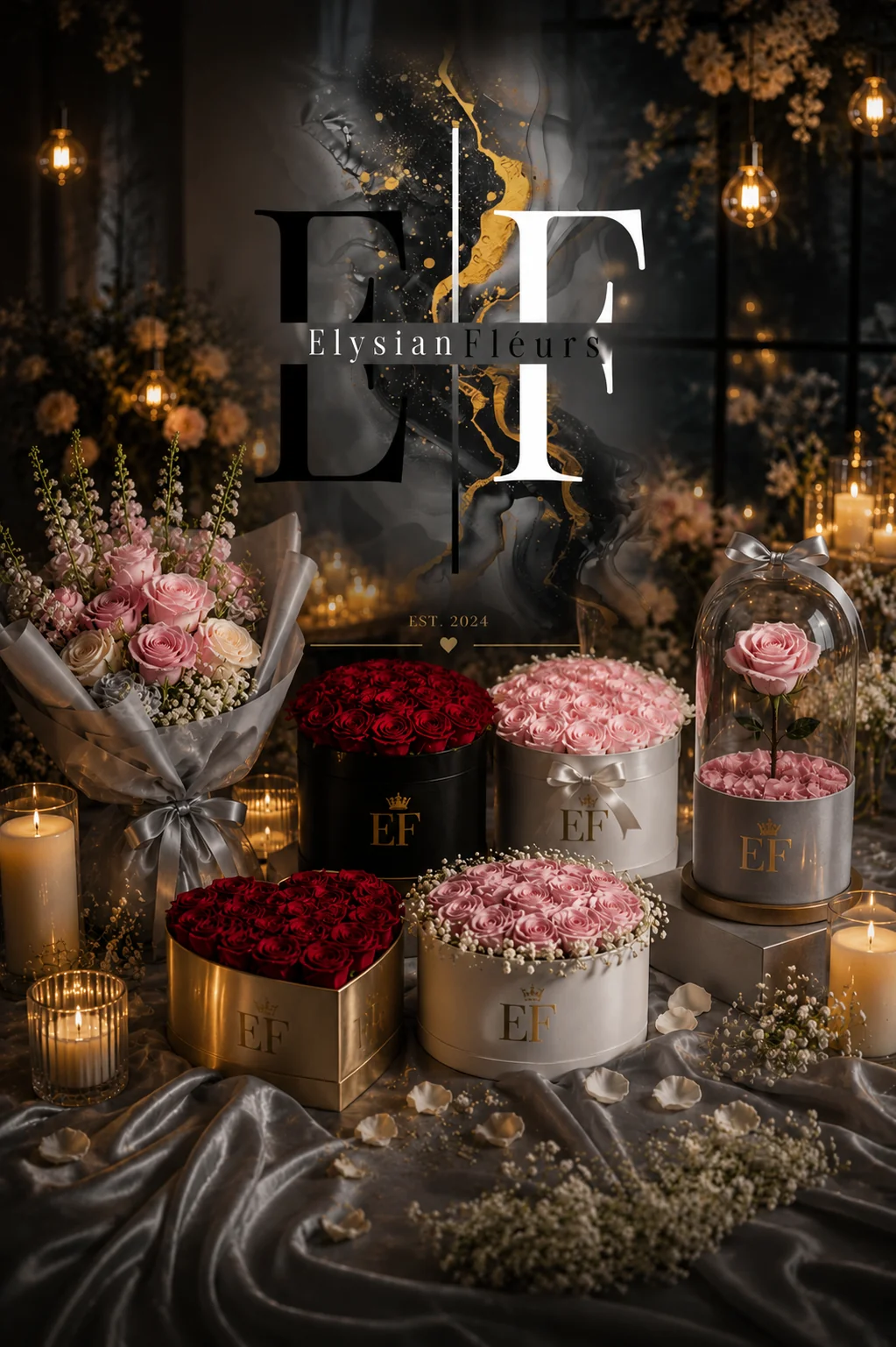 Elysian Fléurs luxury brand image featuring the EF monogram, everlasting rose boxes, preserved rose dome and hand-tied bouquets in a candlelit atelier setting